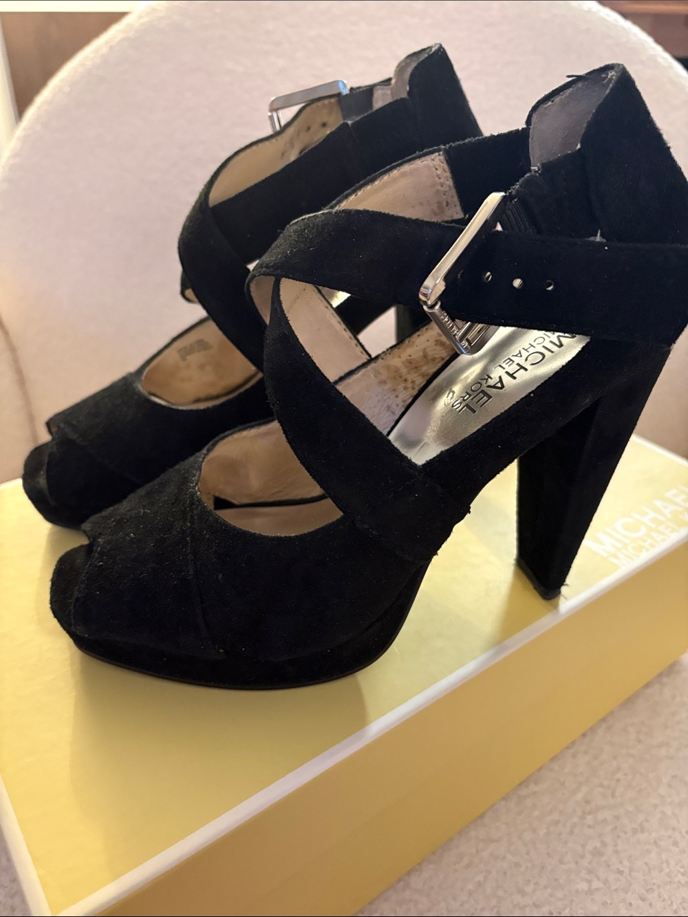 MICHAEL Michael Kors Black Suede Crisscross Buckle Platform Heels